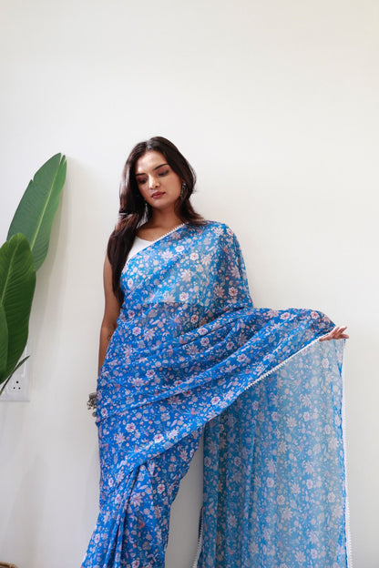 1 Minute Ready To Wear Beautiful Floral Design Saree In Fox Georgette Silk