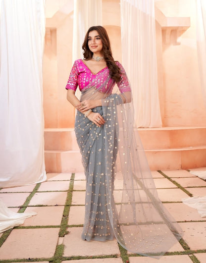 Heavy butterfly net with Floral sequence work Butti with Heavy tafeta silk Double sequence & thread work