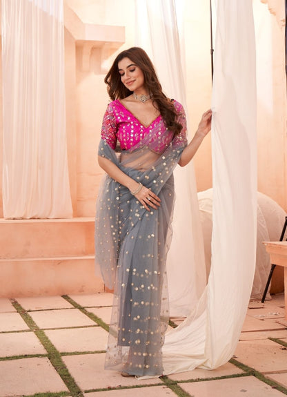 Heavy butterfly net with Floral sequence work Butti with Heavy tafeta silk Double sequence & thread work