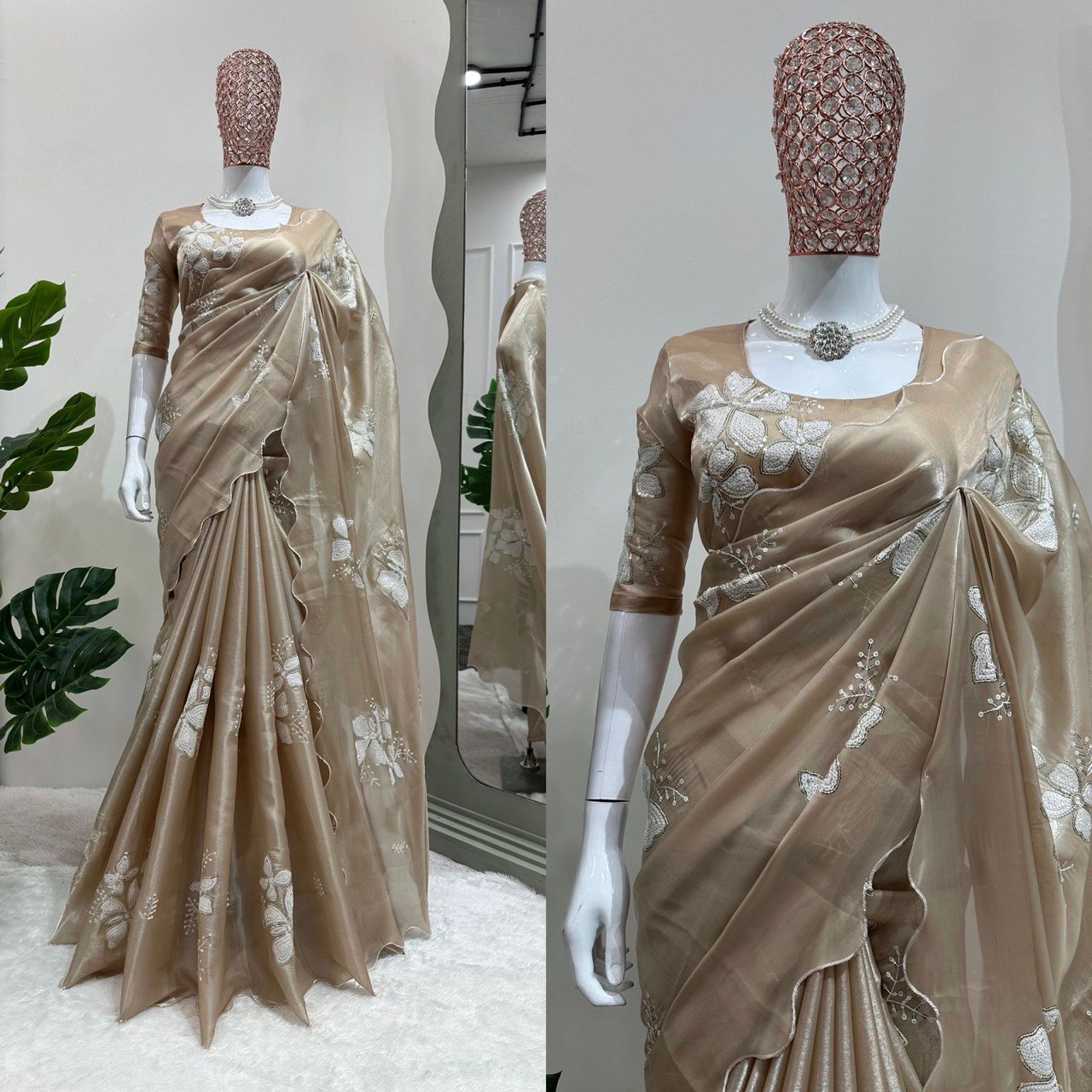 Golden Color Jimmy Chu Thread Sequence Work Saree