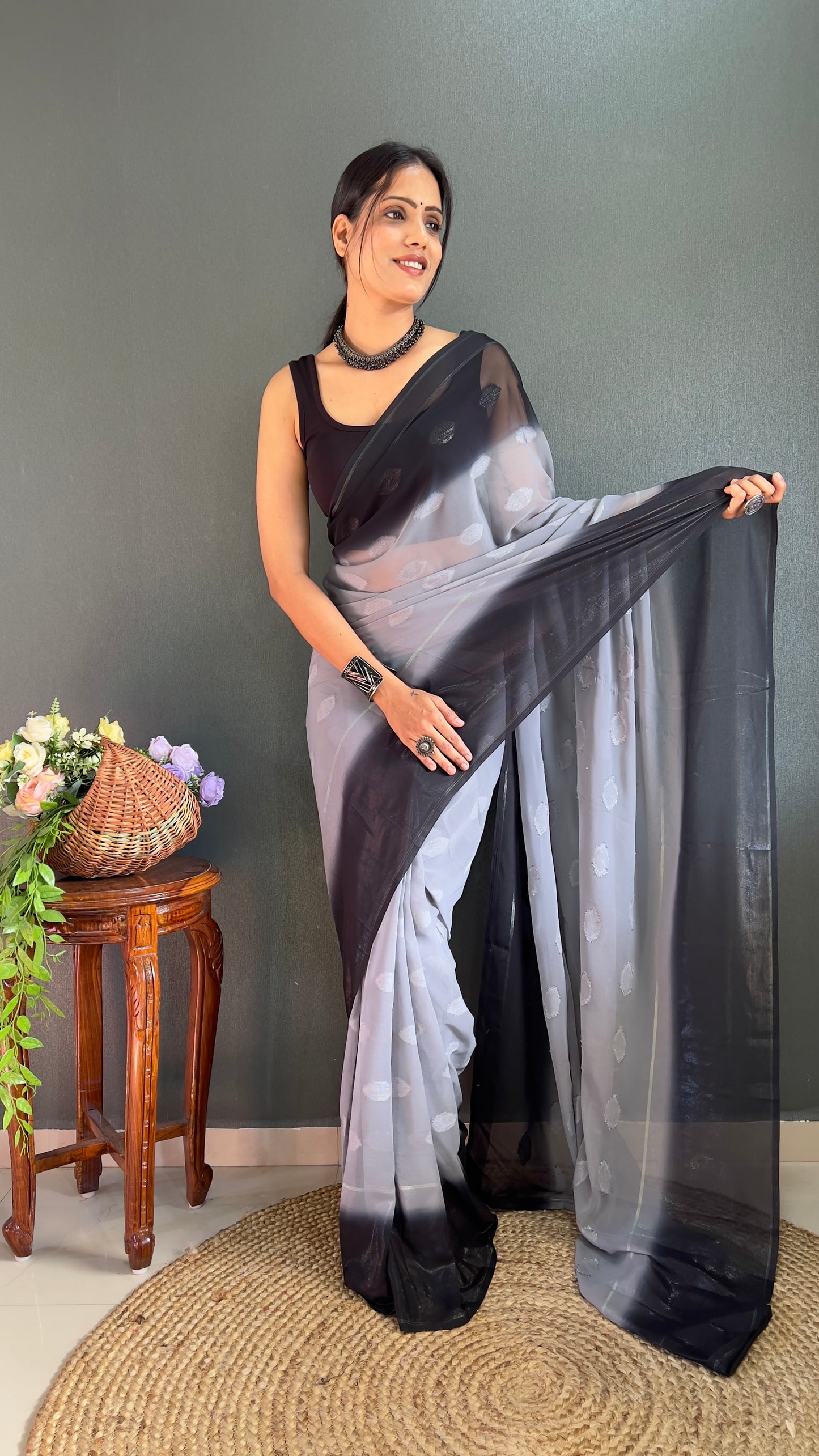 1-Minute Ready To Wear Saree In Simmer Butti Silk With Banglori Blouse