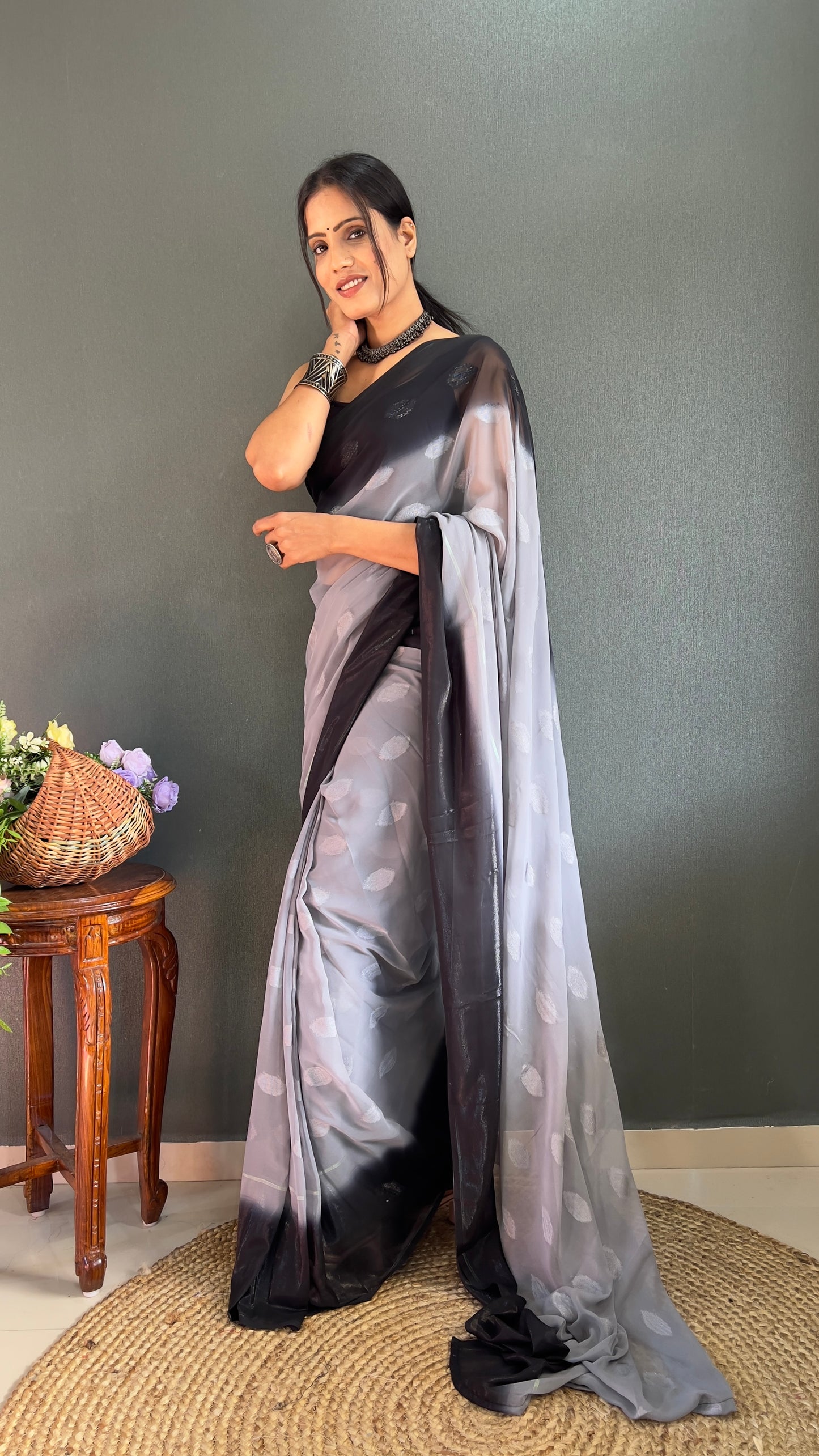 1-Minute Ready To Wear Saree In Simmer Butti Silk With Banglori Blouse