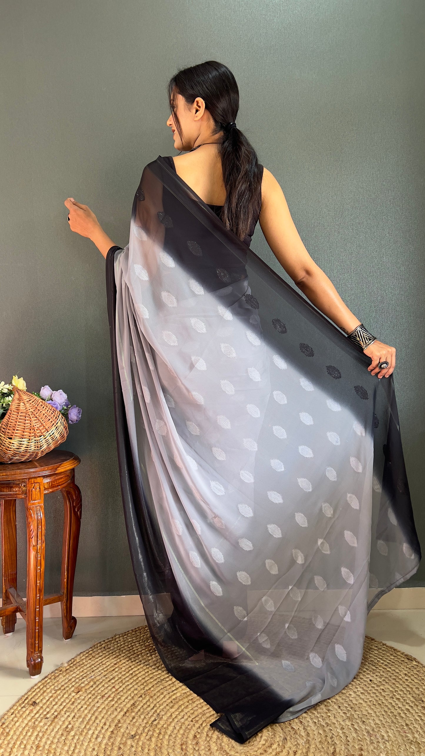 1-Minute Ready To Wear Saree In Simmer Butti Silk With Banglori Blouse