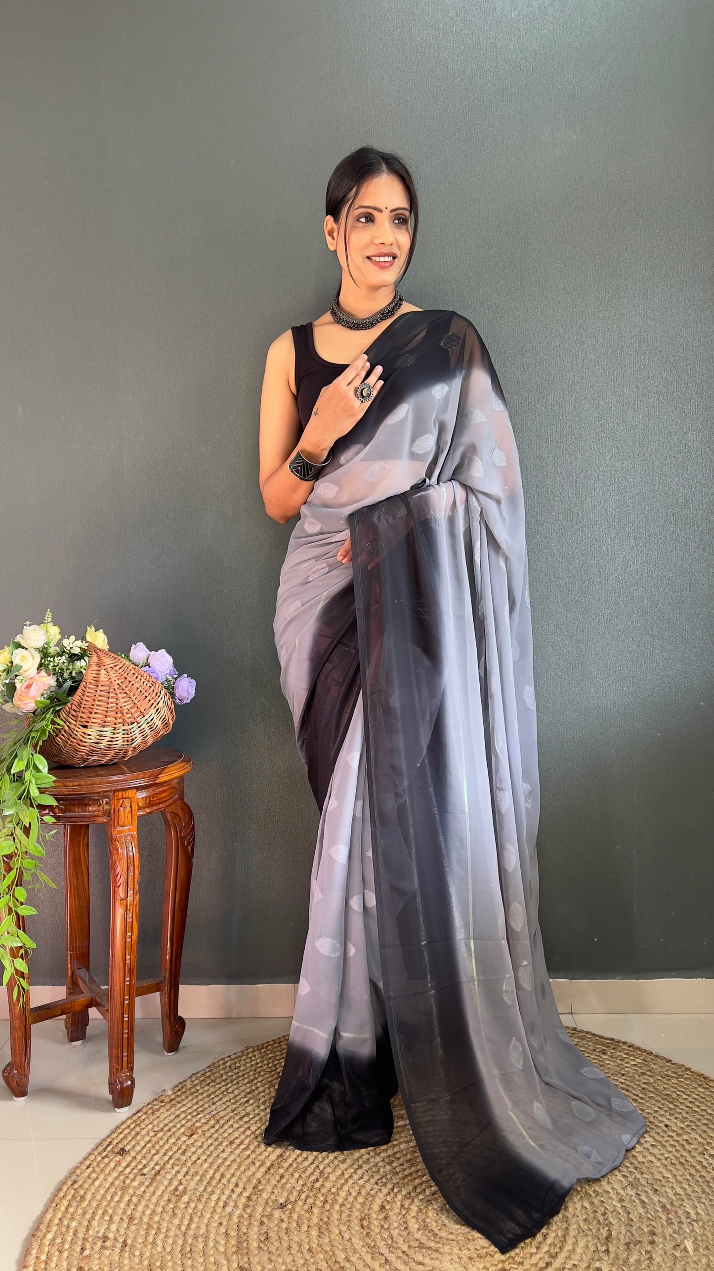 1-Minute Ready To Wear Saree In Simmer Butti Silk With Banglori Blouse