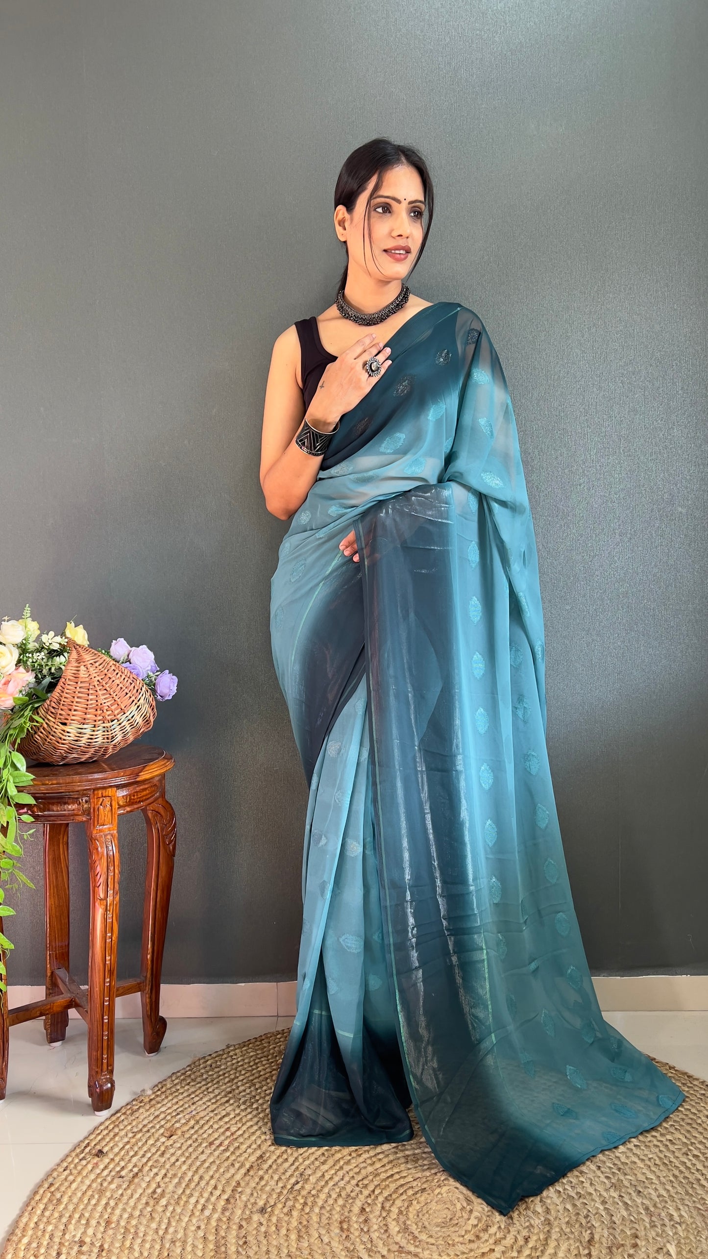 1-Minute Ready To Wear Saree In Simmer Butti Silk With Banglori Blouse