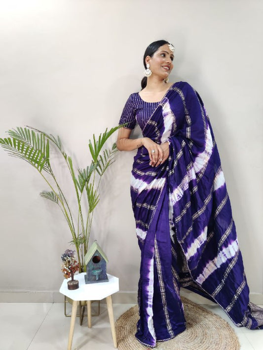 1 Min Ready To Wear Saree in Shibori dyed print with real zari and weaving sequence work