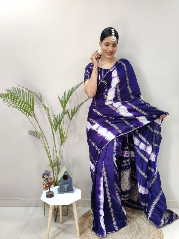 1 Min Ready To Wear Saree in Shibori dyed print with real zari and weaving sequence work