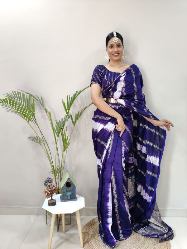 1 Min Ready To Wear Saree in Shibori dyed print with real zari and weaving sequence work