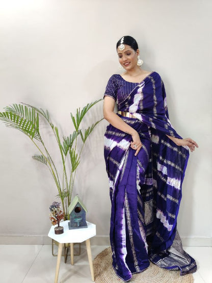 1 Min Ready To Wear Saree in Shibori dyed print with real zari and weaving sequence work