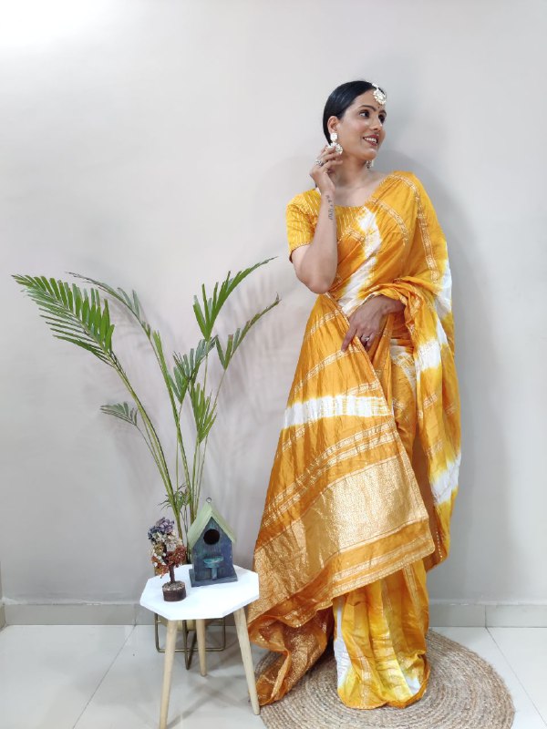 1 Min Ready To Wear Saree in Shibori dyed print with real zari and weaving sequence work