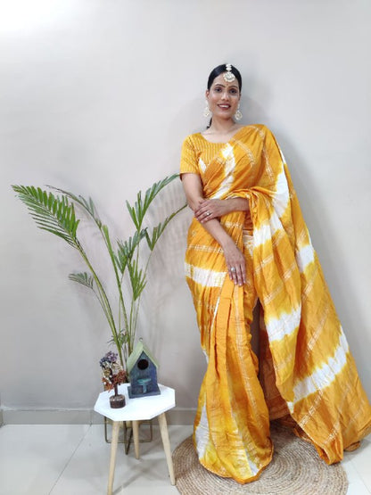 1 Min Ready To Wear Saree in Shibori dyed print with real zari and weaving sequence work