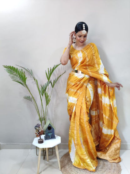 1 Min Ready To Wear Saree in Shibori dyed print with real zari and weaving sequence work