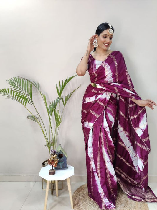 1 Min Ready To Wear Saree in Shibori dyed print with real zari and weaving sequence work