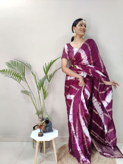 1 Min Ready To Wear Saree in Shibori dyed print with real zari and weaving sequence work