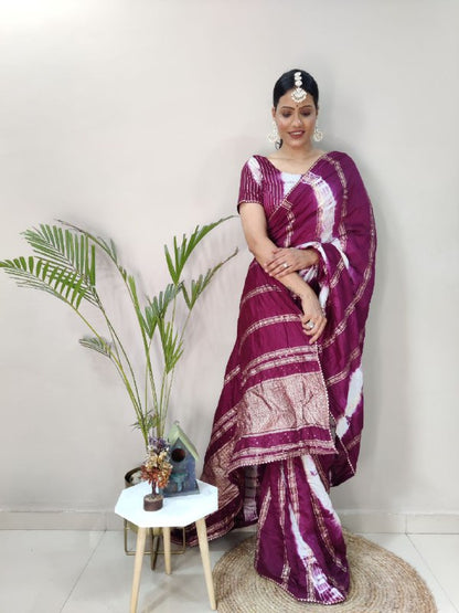 1 Min Ready To Wear Saree in Shibori dyed print with real zari and weaving sequence work