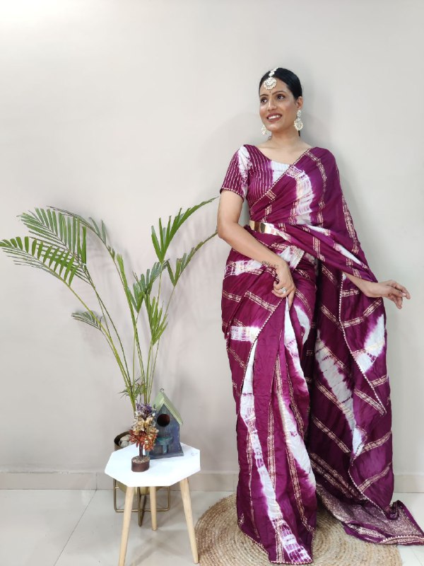 1 Min Ready To Wear Saree in Shibori dyed print with real zari and weaving sequence work