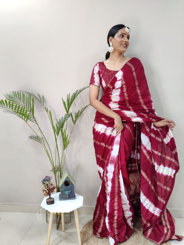 1 Min Ready To Wear Saree in Shibori dyed print with real zari and weaving sequence work