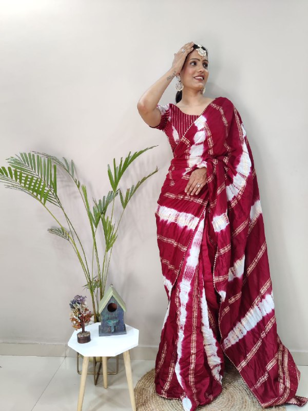 1 Min Ready To Wear Saree in Shibori dyed print with real zari and weaving sequence work