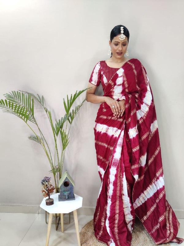 1 Min Ready To Wear Saree in Shibori dyed print with real zari and weaving sequence work