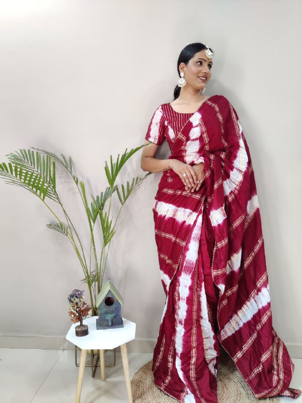 1 Min Ready To Wear Saree in Shibori dyed print with real zari and weaving sequence work