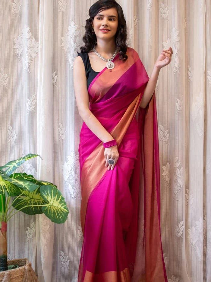 1-Minute Ready To Wear Saree In Premium Chiffon Silk With Zari Patta