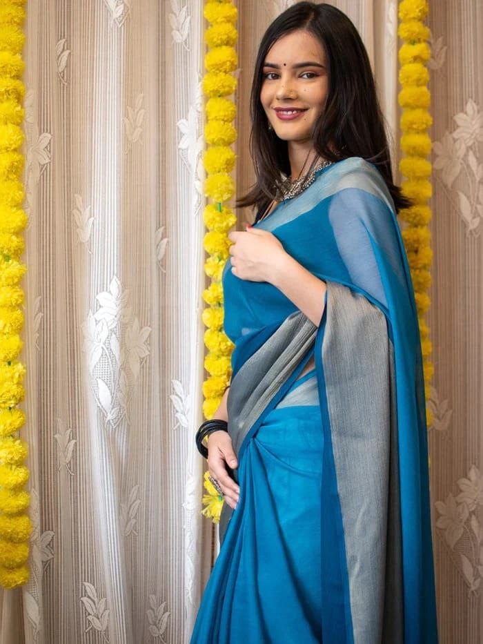 1-Minute Ready To Wear Saree In Premium Chiffon Silk With Zari Patta