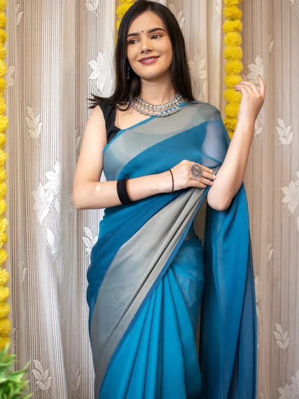 1-Minute Ready To Wear Saree In Premium Chiffon Silk With Zari Patta