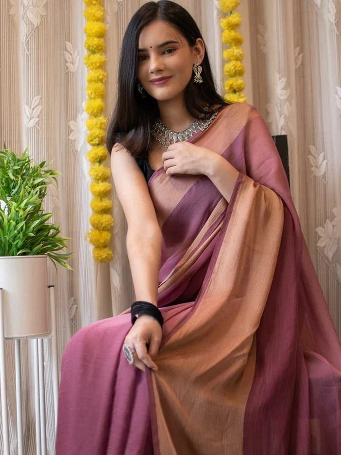 1-Minute Ready To Wear Saree In Premium Chiffon Silk With Zari Patta