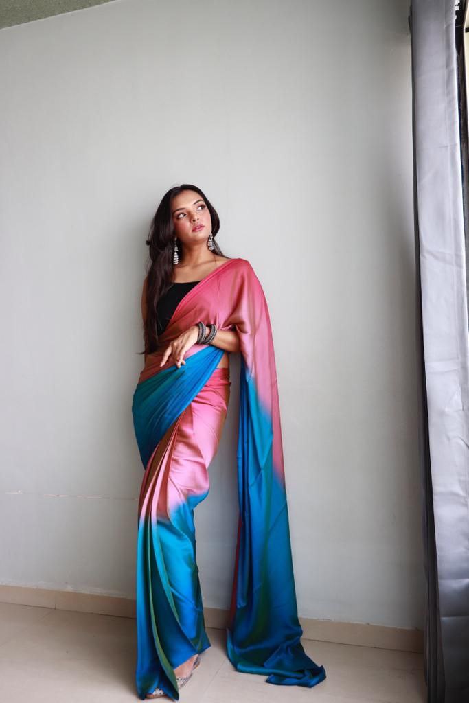 1 Minute Ready To Wear Saree In Soft Nylon Fabric 3D Print With Blouse