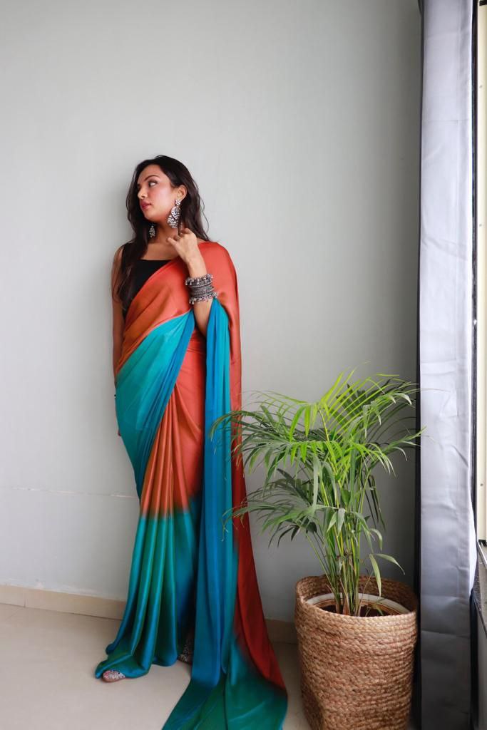 1 Minute Ready To Wear Saree In Soft Nylon Fabric 3D Print With Blouse