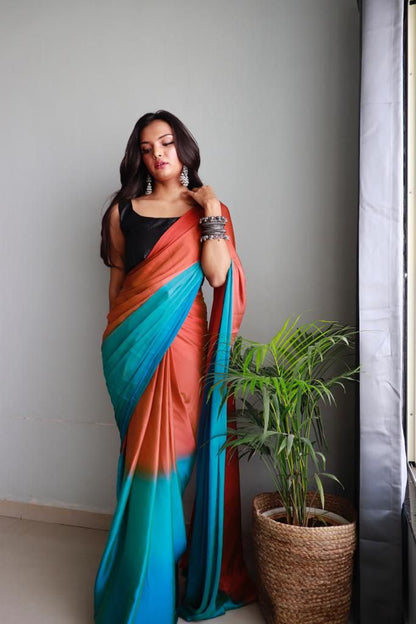 1 Minute Ready To Wear Saree In Soft Nylon Fabric 3D Print With Blouse