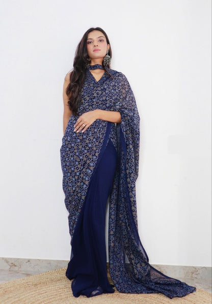 1 Minute Ready To Wear Saree In Imported Georgette Bandhani Print With Blouse