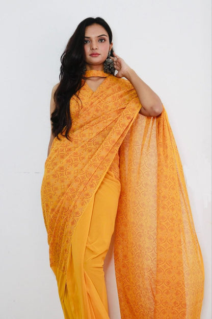 1 Minute Ready To Wear Saree In Imported Georgette Bandhani Print With Blouse