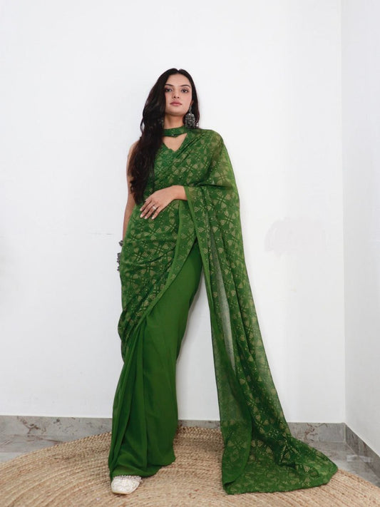 1 Minute Ready To Wear Saree In Imported Georgette Bandhani Print With Blouse