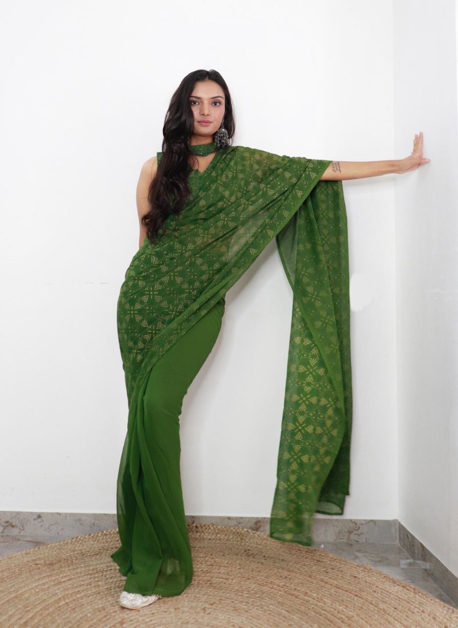 1 Minute Ready To Wear Saree In Imported Georgette Bandhani Print With Blouse