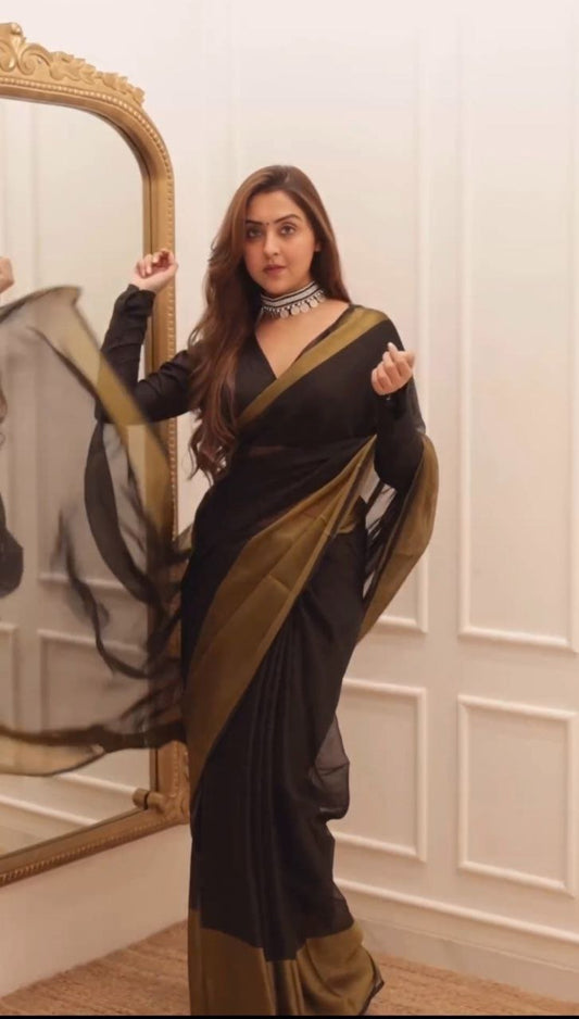 1-Minute Ready To Wear Saree Black In Premium Chiffon Silk With Zari Patta