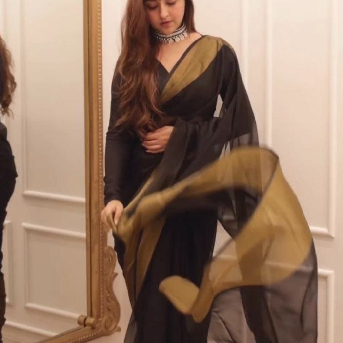 1-Minute Ready To Wear Saree Black In Premium Chiffon Silk With Zari Patta