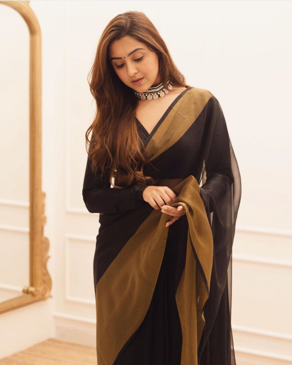 1-Minute Ready To Wear Saree Black In Premium Chiffon Silk With Zari Patta