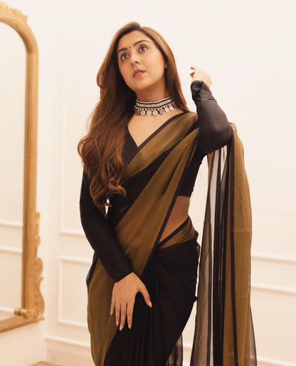 1-Minute Ready To Wear Saree Black In Premium Chiffon Silk With Zari Patta