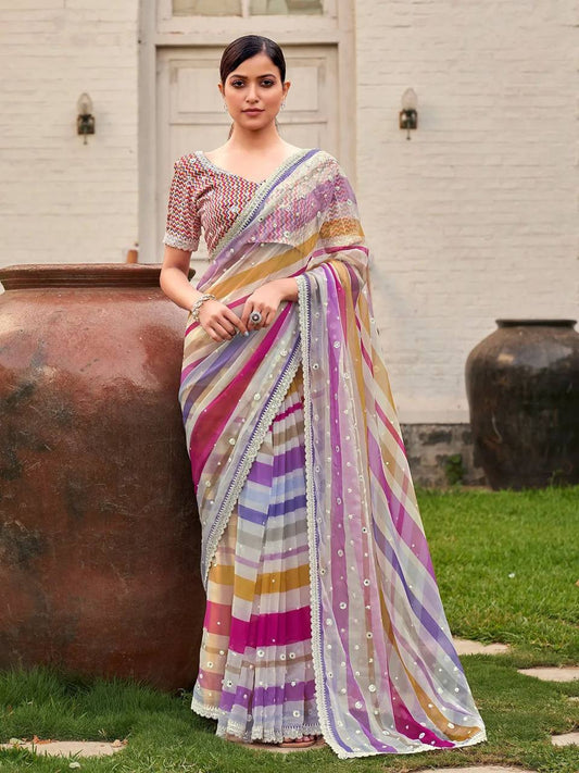 Premium Georgette Saree in Digital Prints & Embroidery Codding & Sequins Work With Fancy CutWork Border