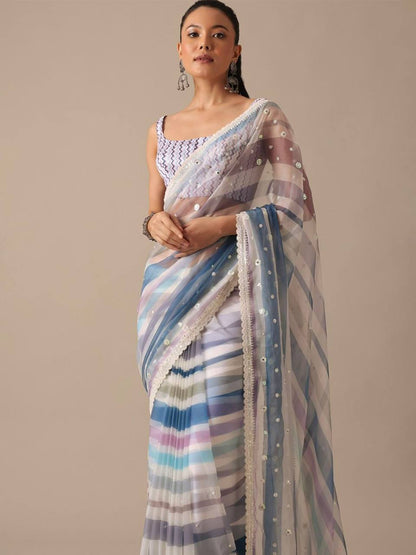 Premium Georgette Saree in Digital Prints & Embroidery Codding & Sequins Work With Fancy CutWork Border