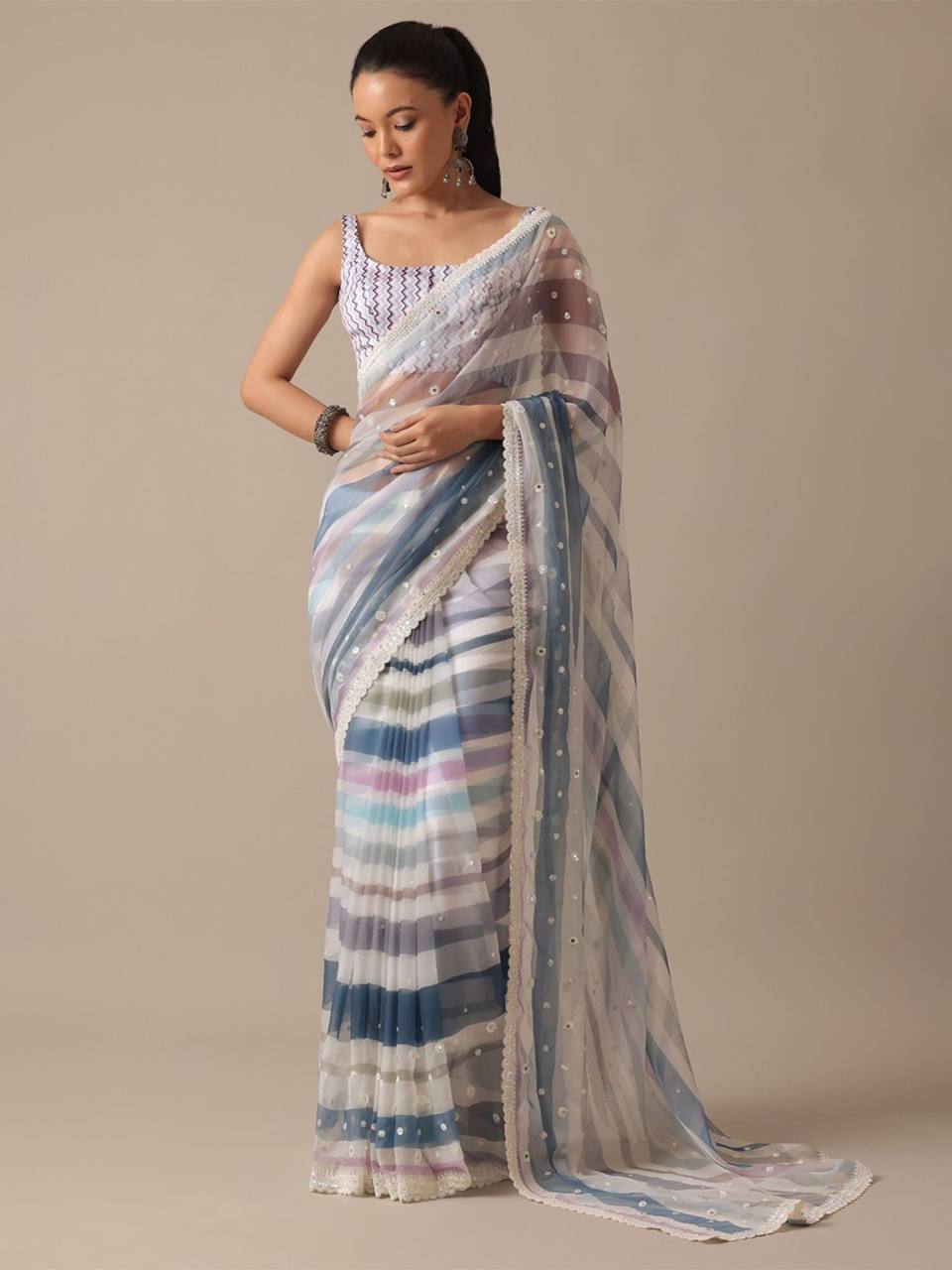 Premium Georgette Saree in Digital Prints & Embroidery Codding & Sequins Work With Fancy CutWork Border