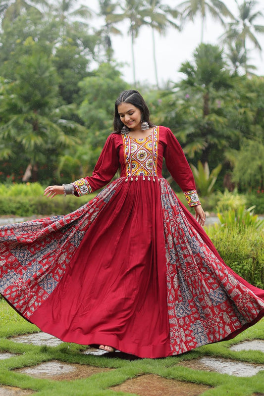 Exclusive Designer Printed Rayon Fabric in Flair and Kutchi Gamthi Lace - Stunning Navratri Collection