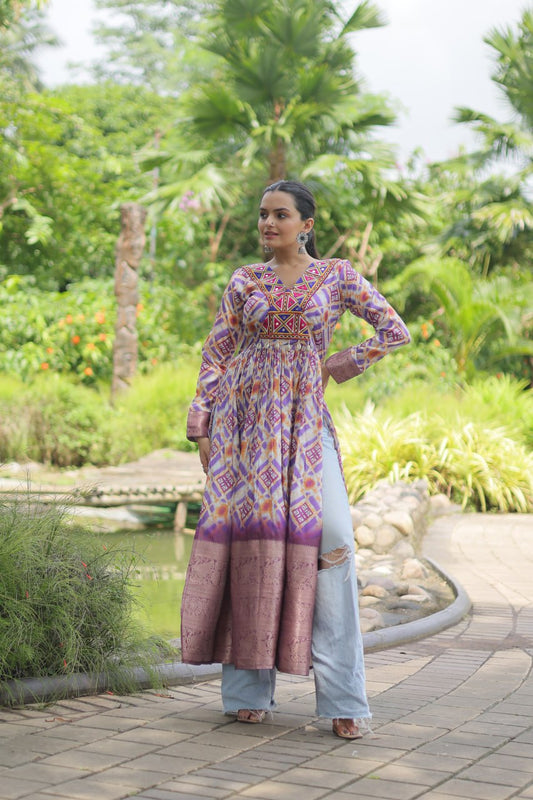 Exclusive Designer Heavy Printed Cotton with Kutchi Gamthi Lace and Kodi Work Kurti - Stunning Navratri Collection