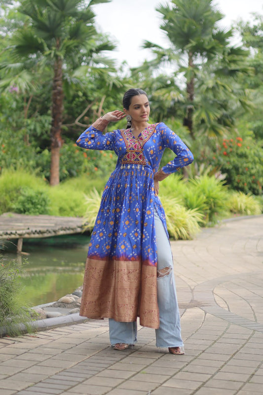 Exclusive Designer Heavy Printed Cotton with Kutchi Gamthi Lace and Kodi Work Kurti - Stunning Navratri Collection