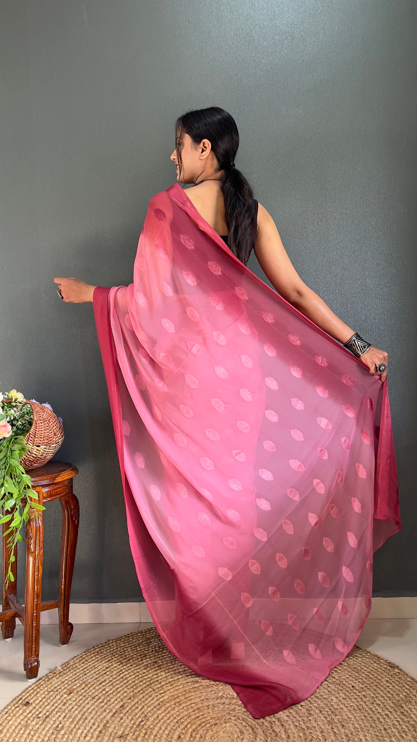 1-Minute Ready To Wear Saree In Simmer Butti Silk With Banglori Blouse