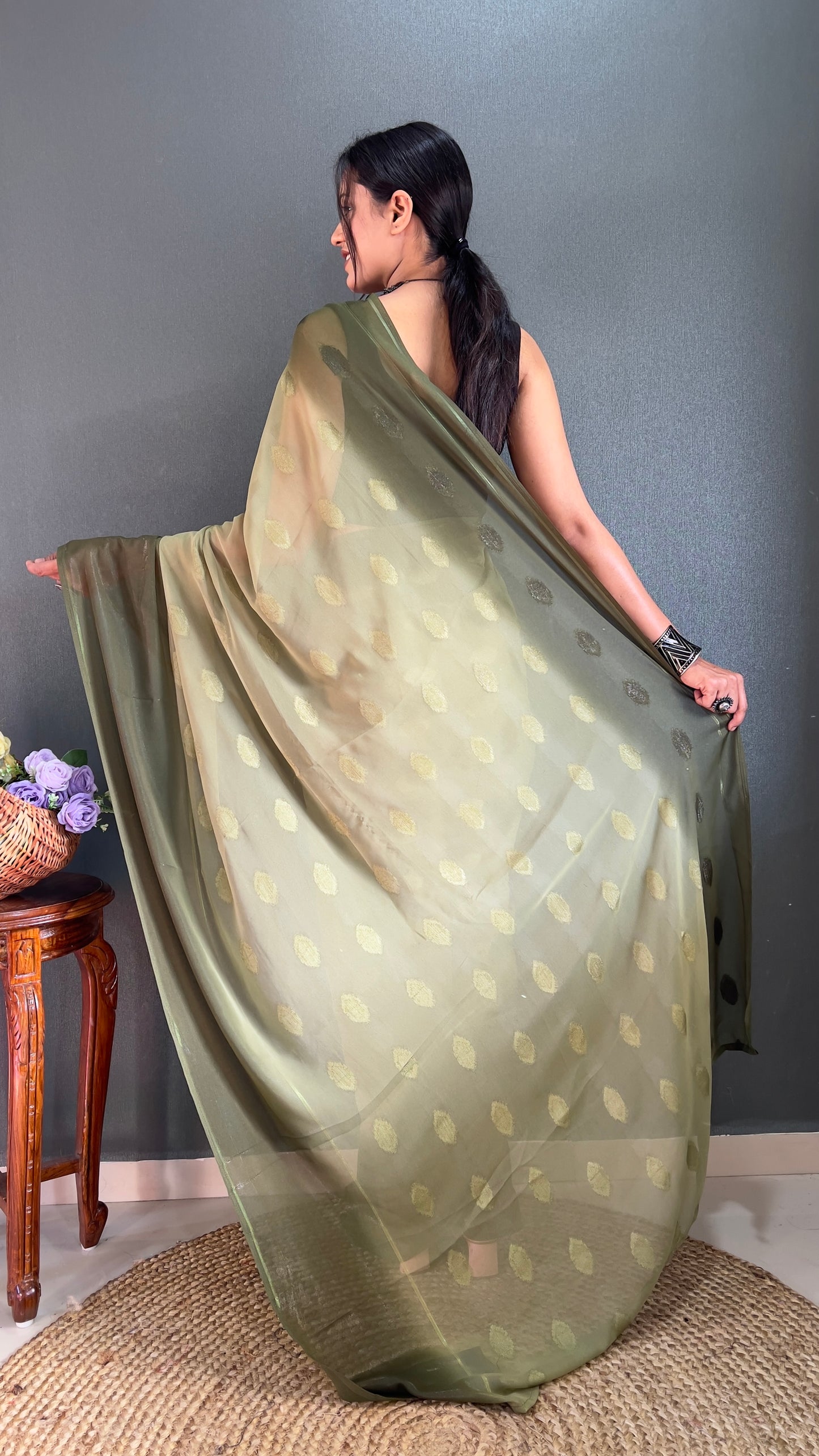 1-Minute Ready To Wear Saree In Simmer Butti Silk With Banglori Blouse