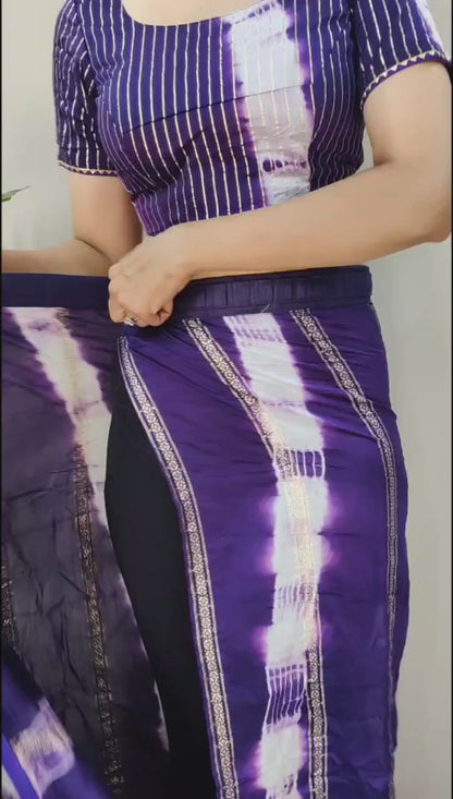 1 Min Ready To Wear Saree in Shibori dyed print with real zari and weaving sequence work