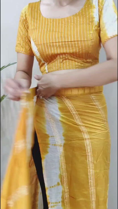 1 Min Ready To Wear Saree in Shibori dyed print with real zari and weaving sequence work