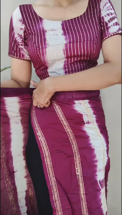 1 Min Ready To Wear Saree in Shibori dyed print with real zari and weaving sequence work